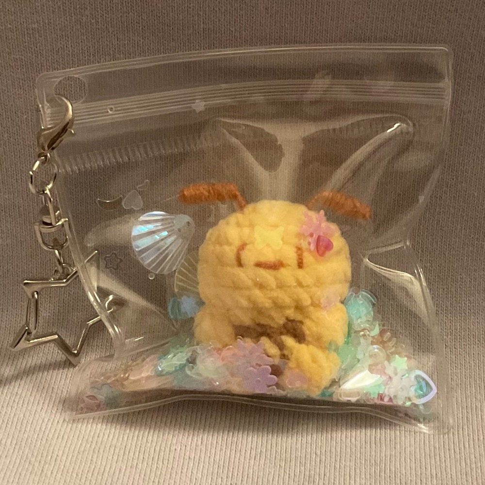 Clear Zip Pouch Keychain with Yellow Crochet Bee and Pastel Confetti